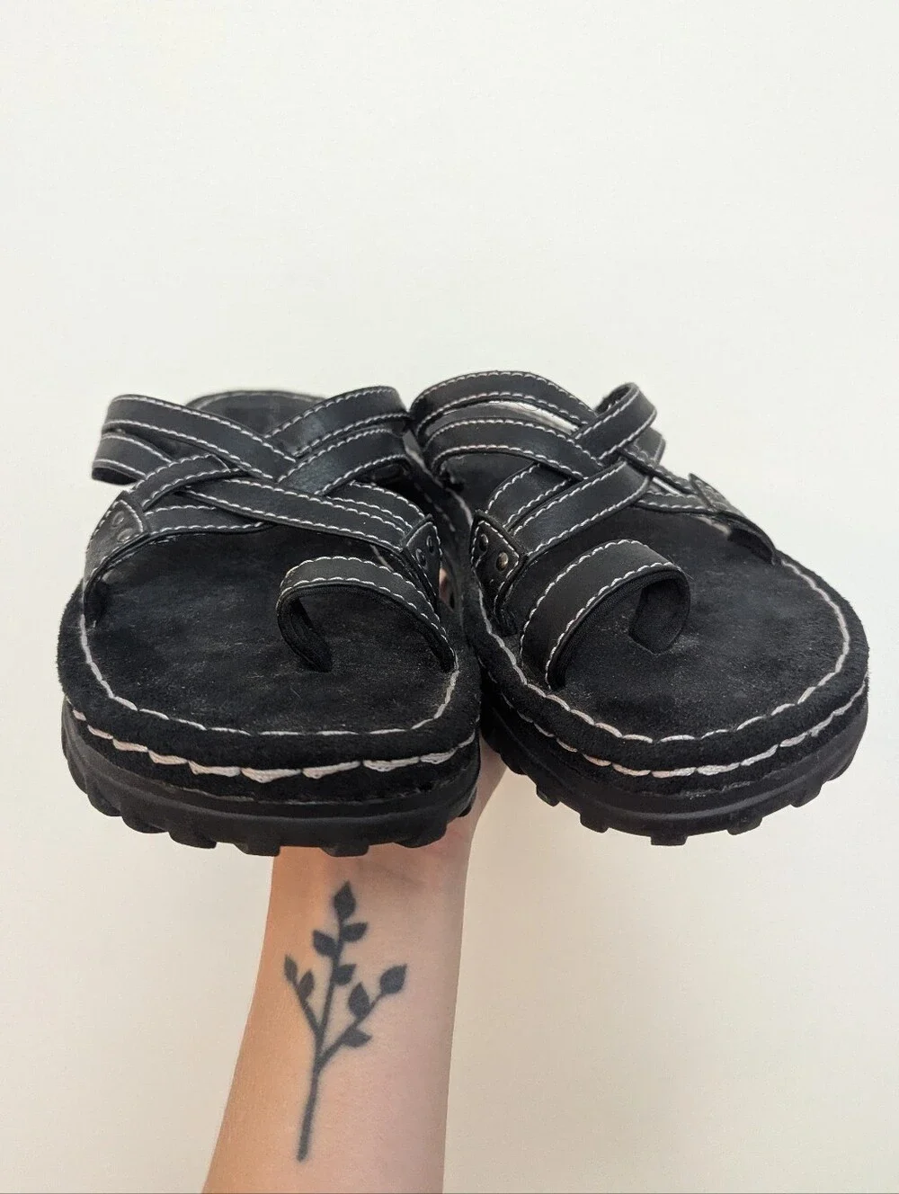 Vintage 90s Lower East Side Chunky Platform Strappy Slide Sandals Black Leather